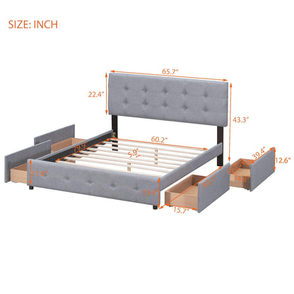 Upholstered Platform Bed with Classic Headboard and 4 Drawers No Box Spring Needed Linen Fabric Queen Size Light Gray - FurniFindUSA