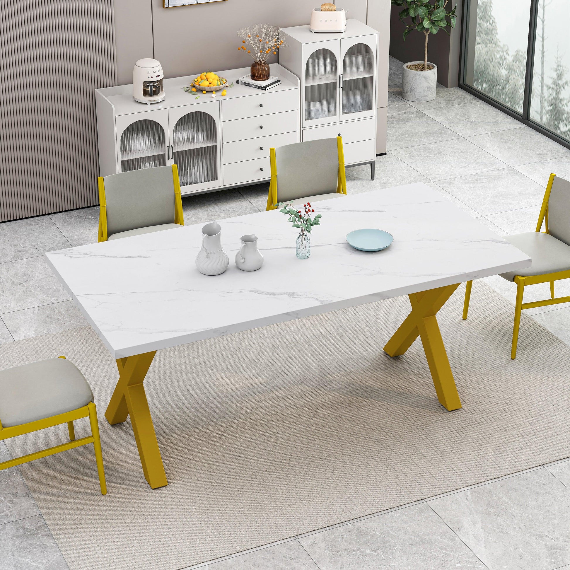 70.87"Modern Square Dining Table with Printed White Marble Table Top+Gold X-Shape Table Leg - FurniFindUSA