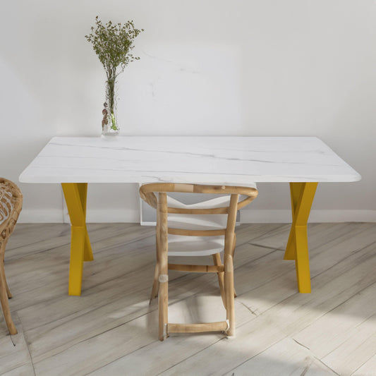 70.87"Modern Square Dining Table with Printed White Marble Table Top+Gold X-Shape Table Leg - FurniFindUSA