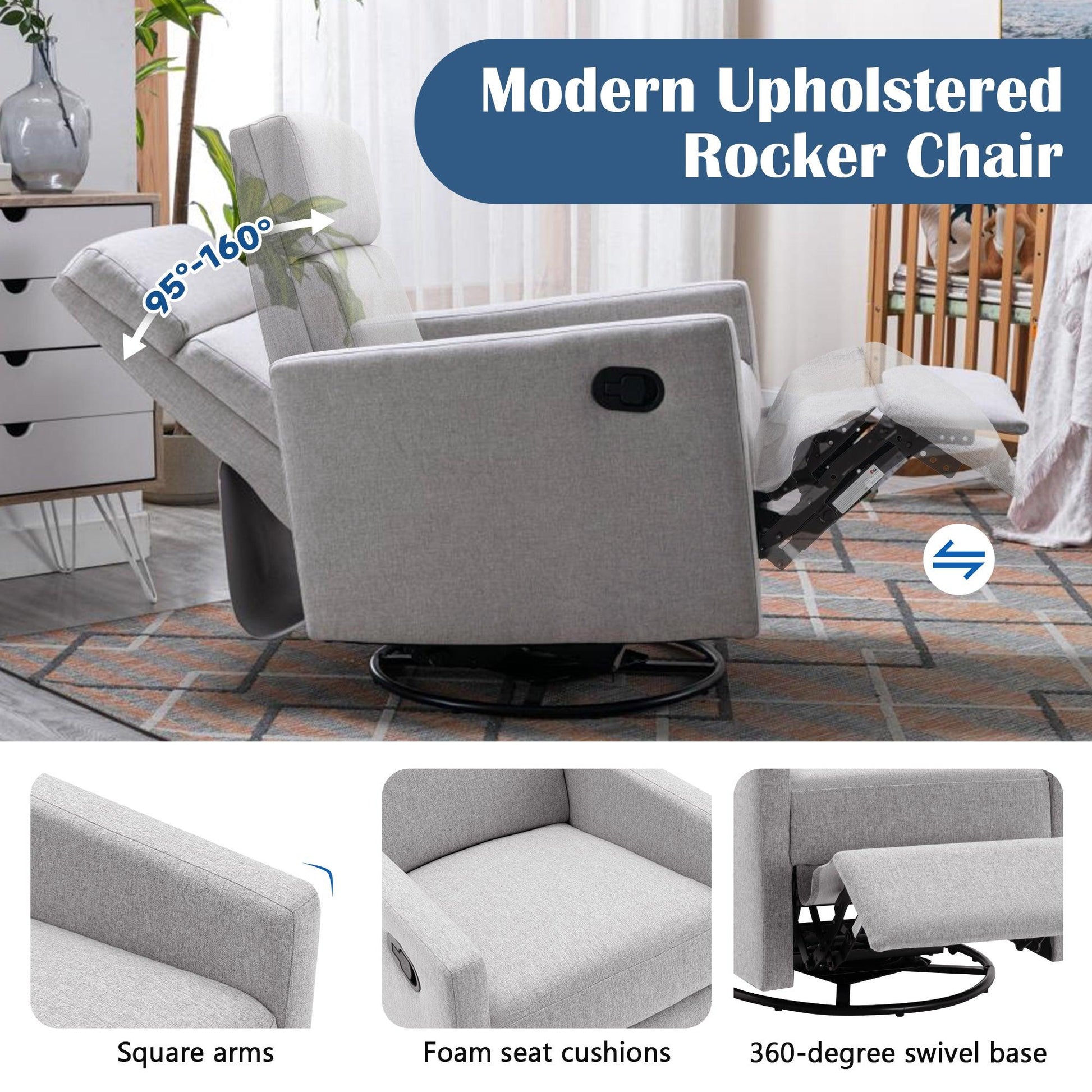 Modern Upholstered Rocker Nursery Chair Plush Seating Glider Swivel Recliner Chair Gray - FurniFindUSA