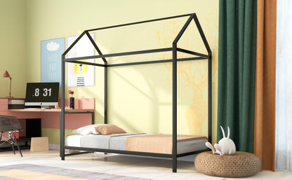 House Bed Frame Twin Size Kids Bed Frame Metal Platform Bed Floor Bed for Kids Boys Girls No Box Spring Needed Black - FurniFindUSA