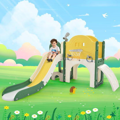 Kids Slide Playset Structure 7 in 1, Freestanding Spaceship Set with Slide, Arch Tunnel Yellow + HDPE - FurniFindUSA