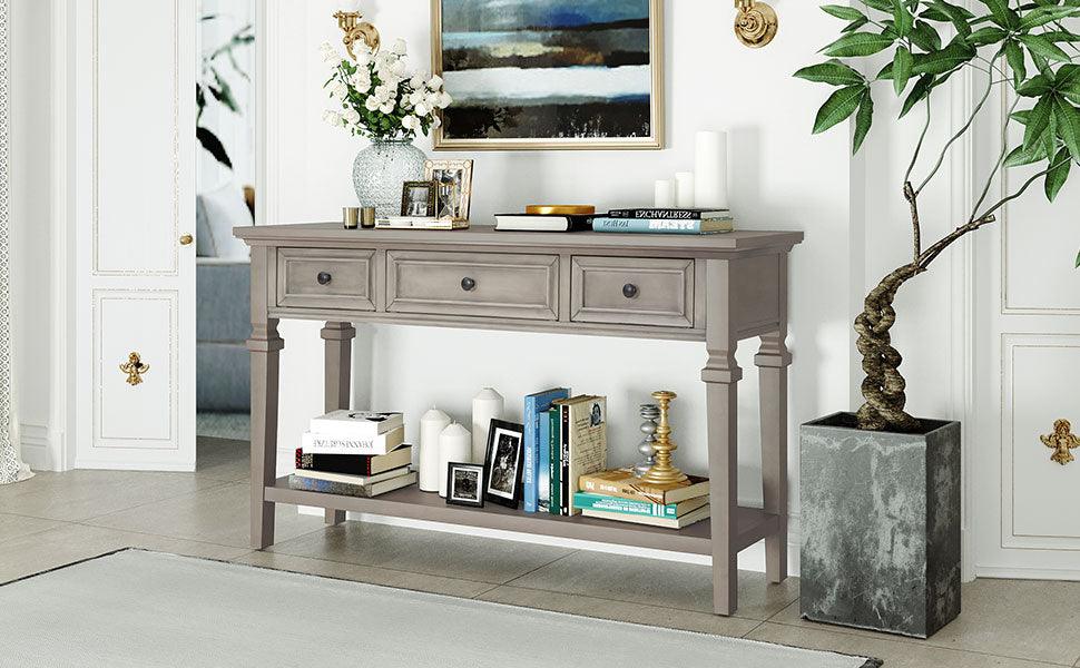 TREXM Classic Retro Style Console Table with Three Top Drawers and Open Style Bottom Shelf (Gray Wash) - FurniFindUSA