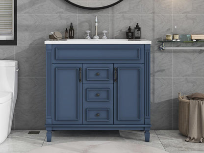 36 inch blue bathroom vanity with top sink, 2 soft doors and 2 drawers, single sink bathroom vanity - FurniFindUSA