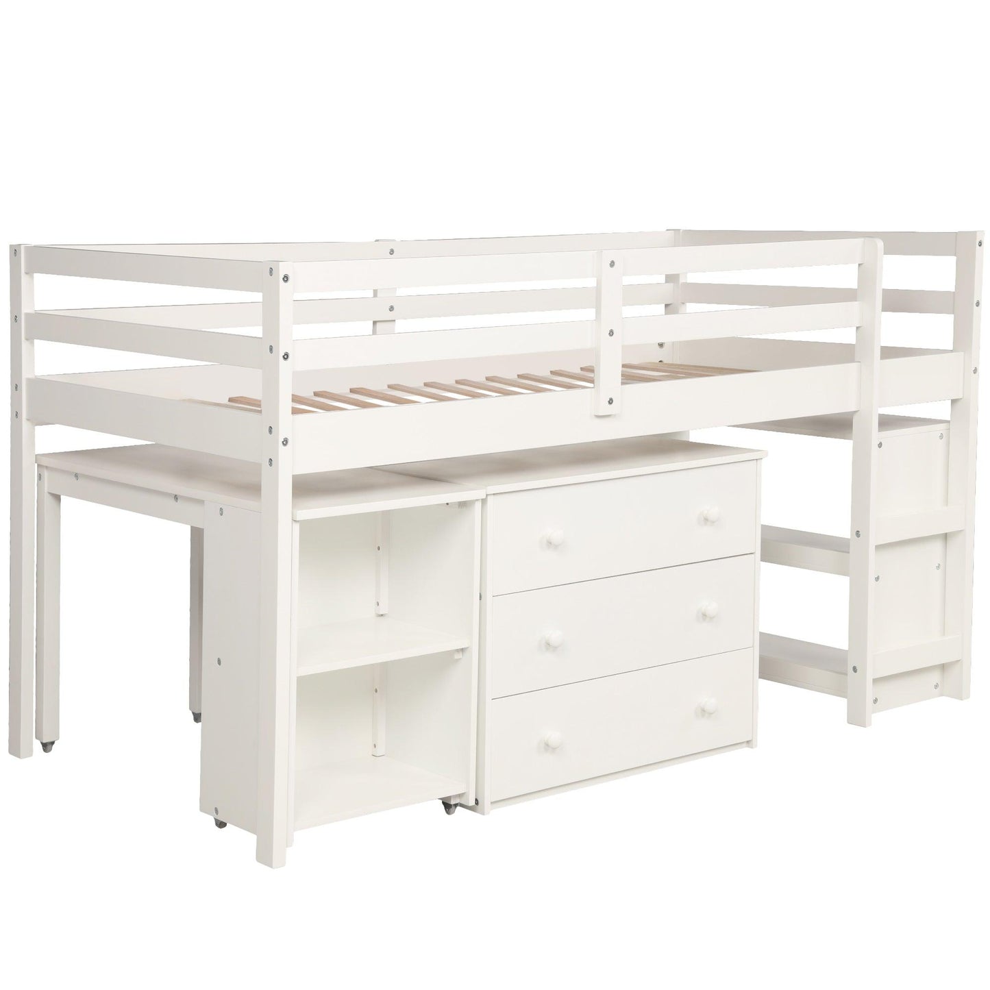 Low Study Twin Loft Bed with Cabinet and Rolling Portable Desk - White - FurniFindUSA