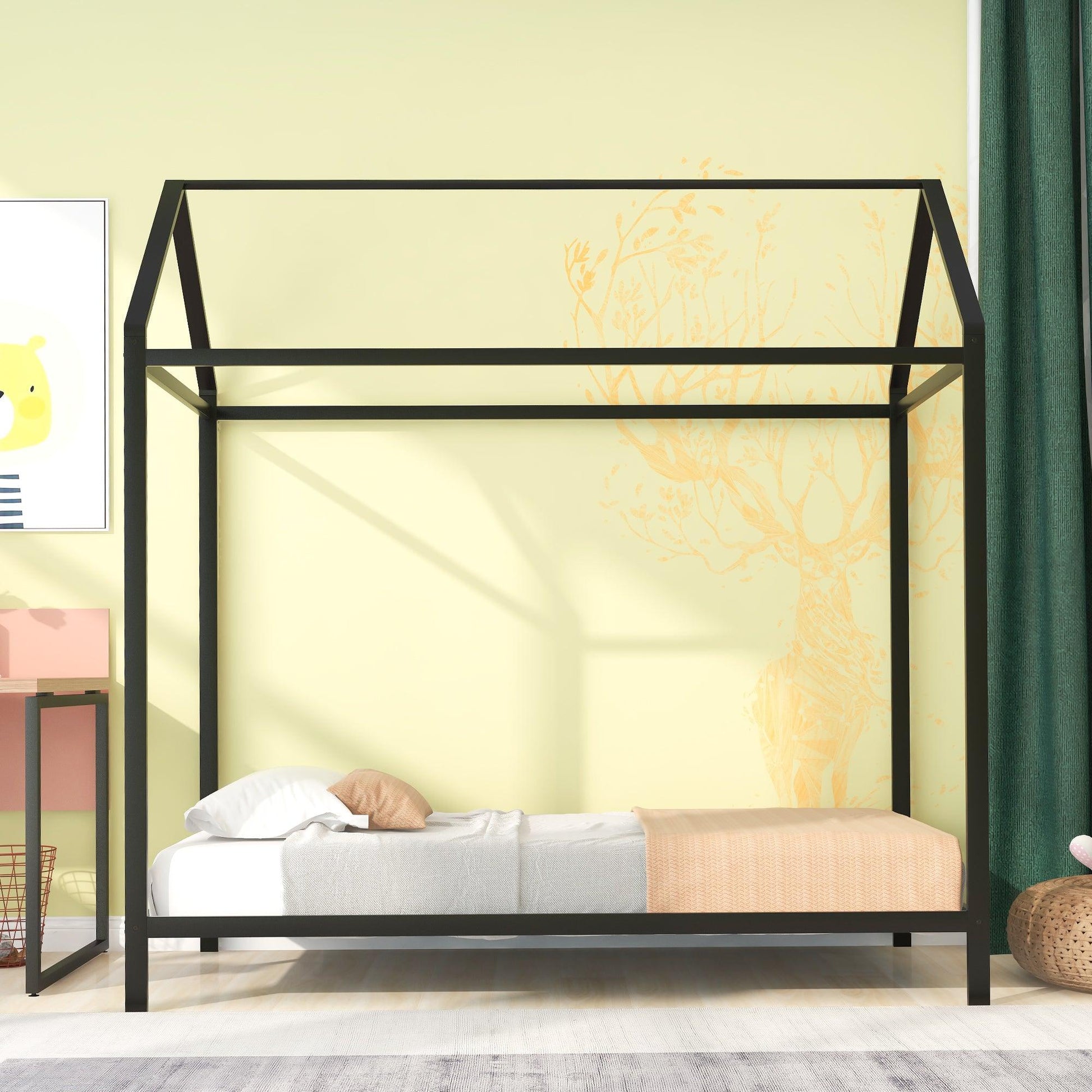 House Bed Frame Twin Size Kids Bed Frame Metal Platform Bed Floor Bed for Kids Boys Girls No Box Spring Needed Black - FurniFindUSA