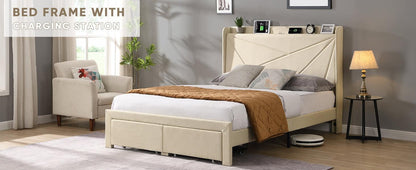 Queen Size Bed Frame with 2 Storage Drawers Upholstered Bed Frame - FurniFindUSA