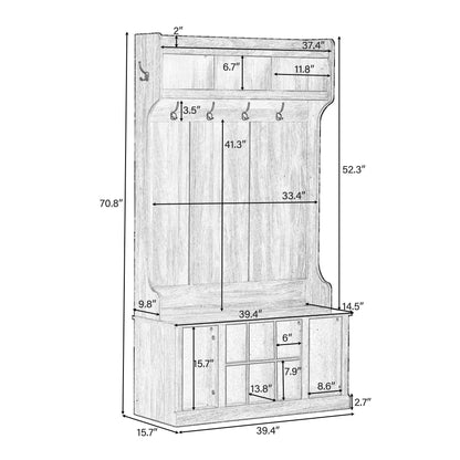 U-Can Hall Tree with 6 Hooks Coat Hanger Entryway Bench Storage Bench (Tiger) - FurniFindUSA