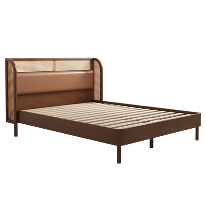 Modern Cannage Rattan Wood Platform Queen Bed Walnut - FurniFindUSA