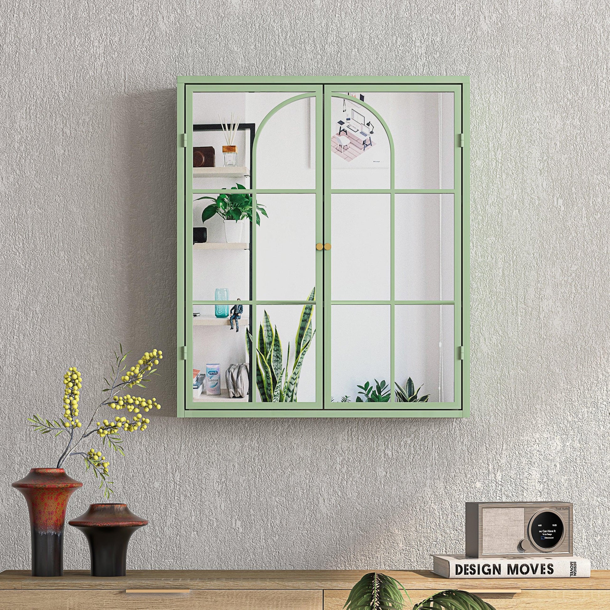 23.62 "Vintage Two Door Wall Cabinet with Mirror Three-level Entrance Storage Space Green - FurniFindUSA