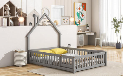 Full House-Shaped Headboard Floor Bed with Fence Grey - FurniFindUSA