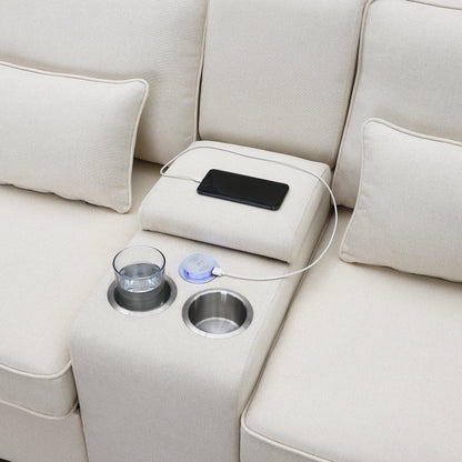 114.2" Upholstered Sofa with Console 2 Cupholders and 2 USB Ports Wired or Wirelessly Charged (4-Seat) - FurniFindUSA