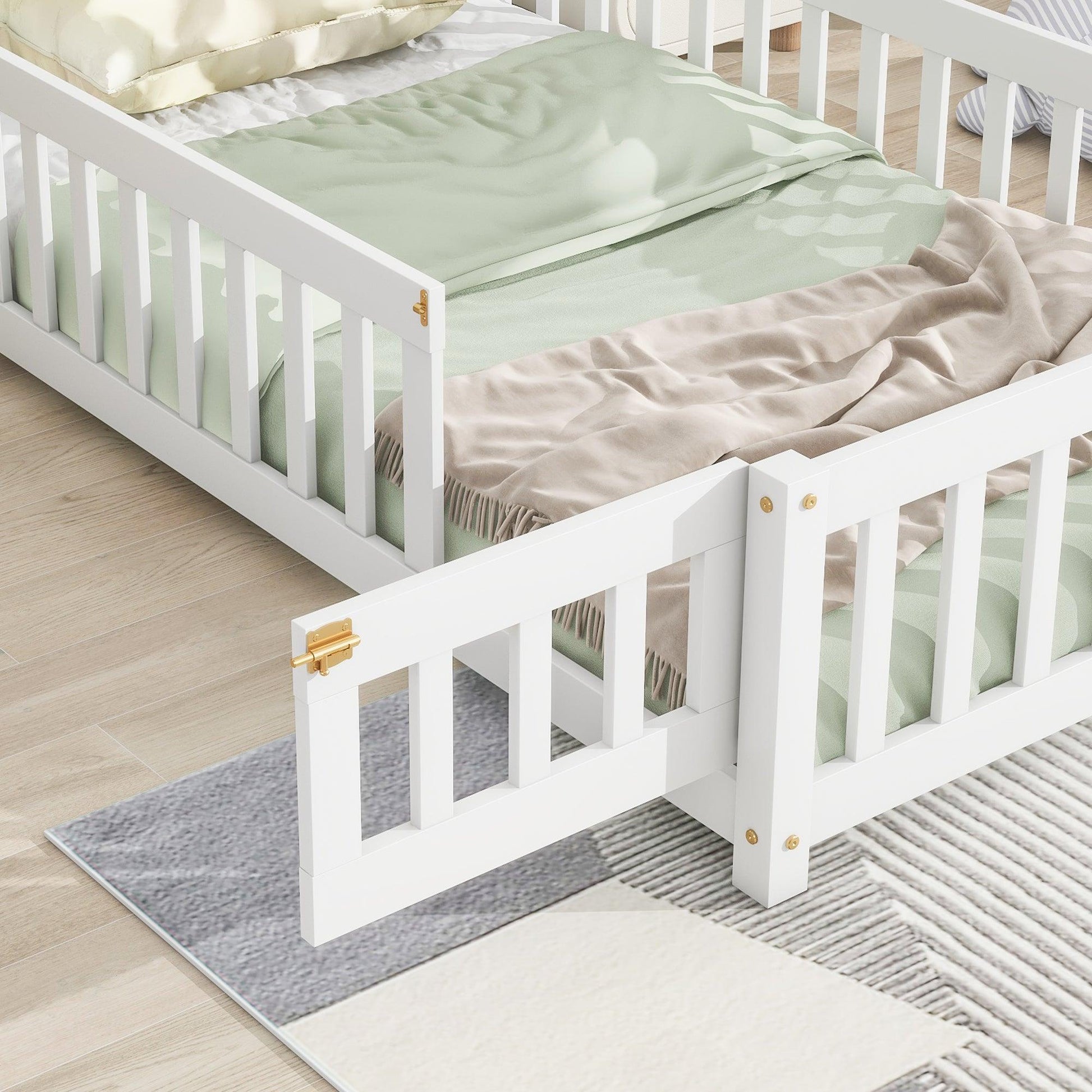 Twin House-Shaped Headboard Floor Bed with Fence White - FurniFindUSA