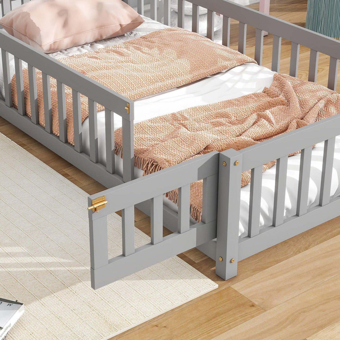 Twin House-Shaped Headboard Floor Bed with Fence Grey - FurniFindUSA