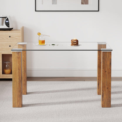 Modern minimalist rectangular dining table Glass desktop and wooden MDF table legs - FurniFindUSA