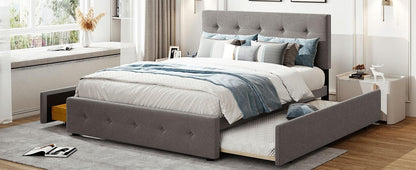 Upholstered Platform Bed with 2 Drawers and 1 Twin XL Trundle Linen Fabric Queen Size - Light Gray - FurniFindUSA