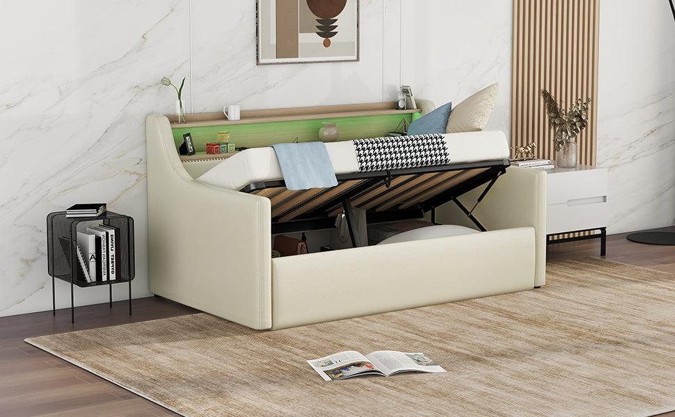 Twin Size Daybed with Hydraulic Storage Upholstered Daybed with Lift Up Storage Beige - FurniFindUSA