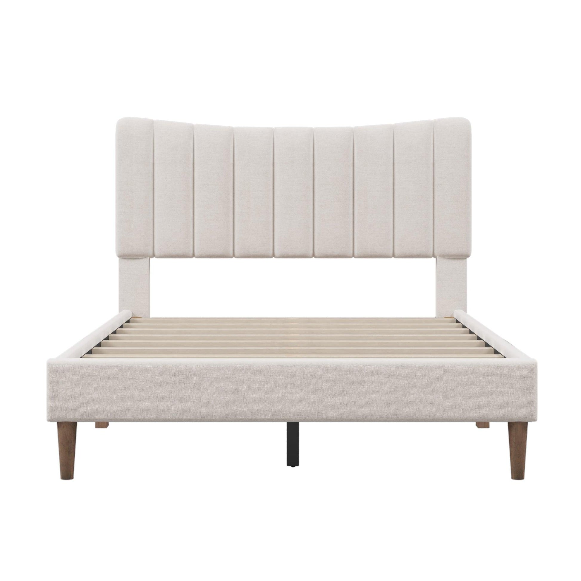 Upholstered Platform Bed Frame with Vertical Channel Tufted Headboard No Box Spring Needed Full Cream - FurniFindUSA