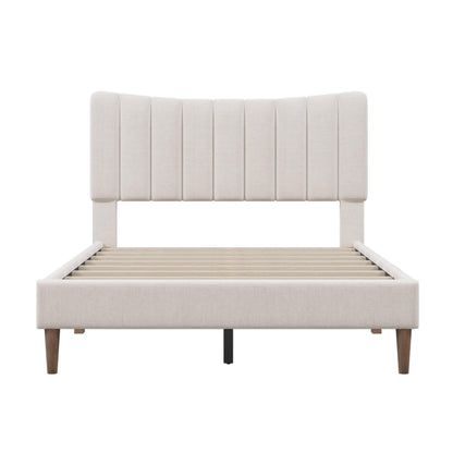 Upholstered Platform Bed Frame with Vertical Channel Tufted Headboard No Box Spring Needed Full Cream - FurniFindUSA