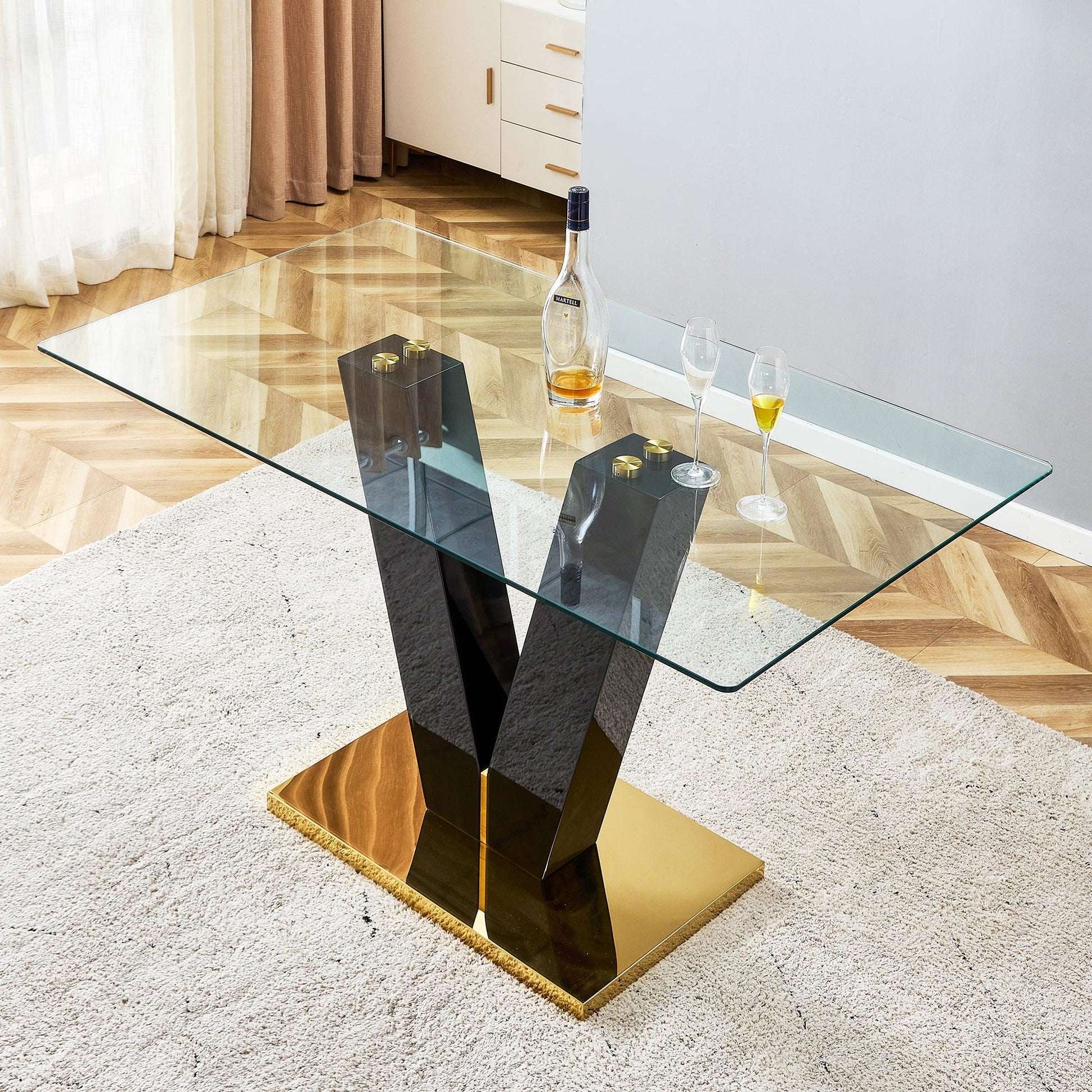 Large Modern Minimalist Rectangular Glass Dining Table for 6-8 with 0.4" Tempered Glass Tabletop and MDF slab V-Shaped Bracket - FurniFindUSA