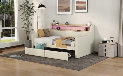 Twin Size Daybed with Storage Drawers Upholstered Daybed with Charging Station and LED Lights Beige - FurniFindUSA