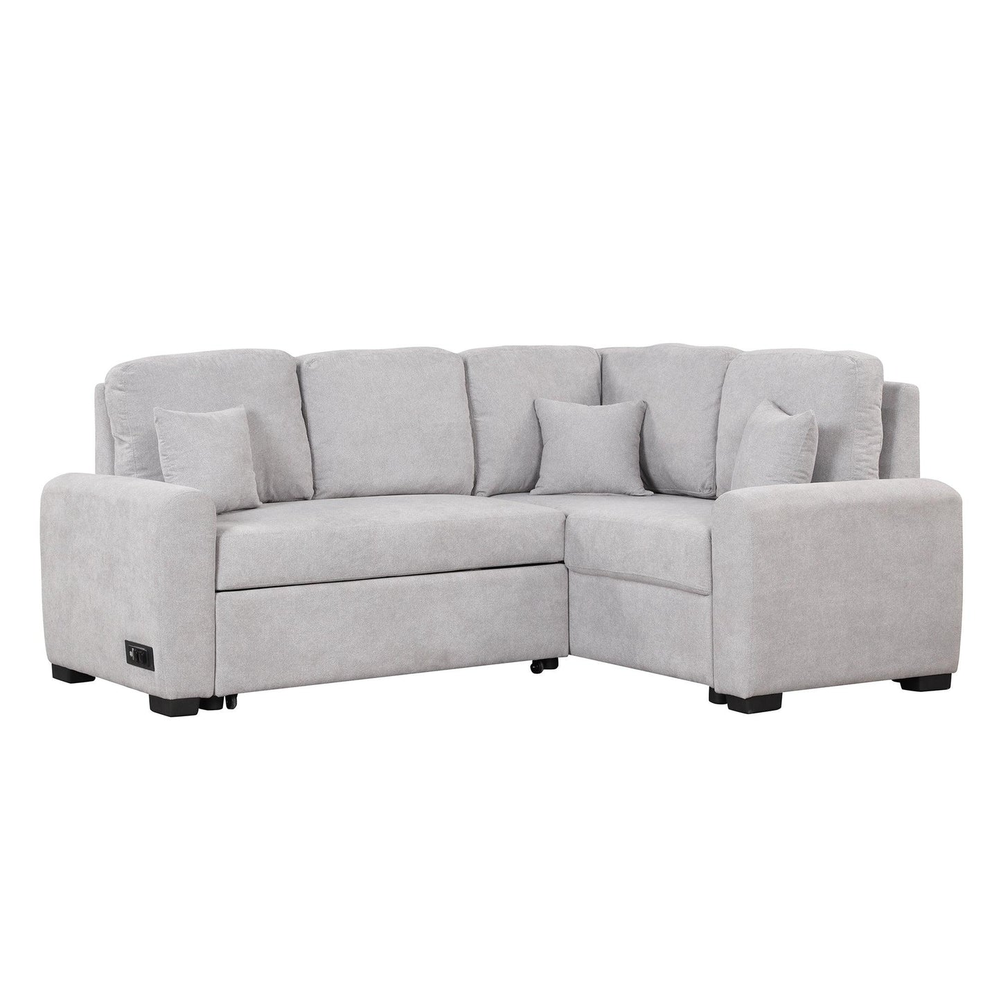 87.4"Sectional Sleeper Sofa with USB Charging Port and Plug Outlet Pull-Out Sofa Bed with 3 Pillows Grey - FurniFindUSA