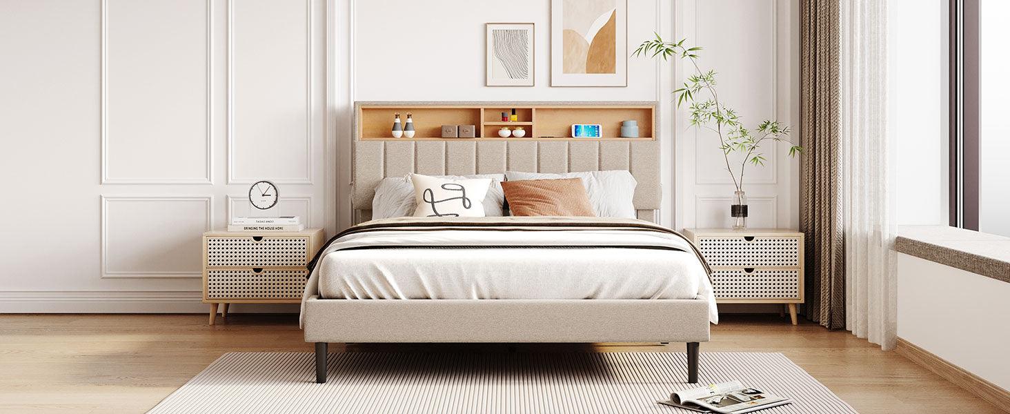 Queen Size Upholstered Platform Bed with Storage Headboard and USB Port Linen Fabric Upholstered Bed (Beige) - FurniFindUSA