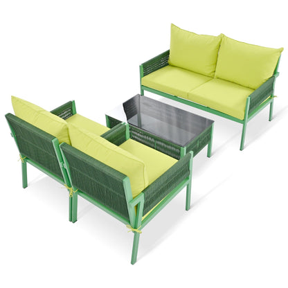 Outdoor Furniture with Tempered Glass Table, Set Deep Seating with Thick Cushion (Fluorescent Yellow & Green) - FurniFindUSA