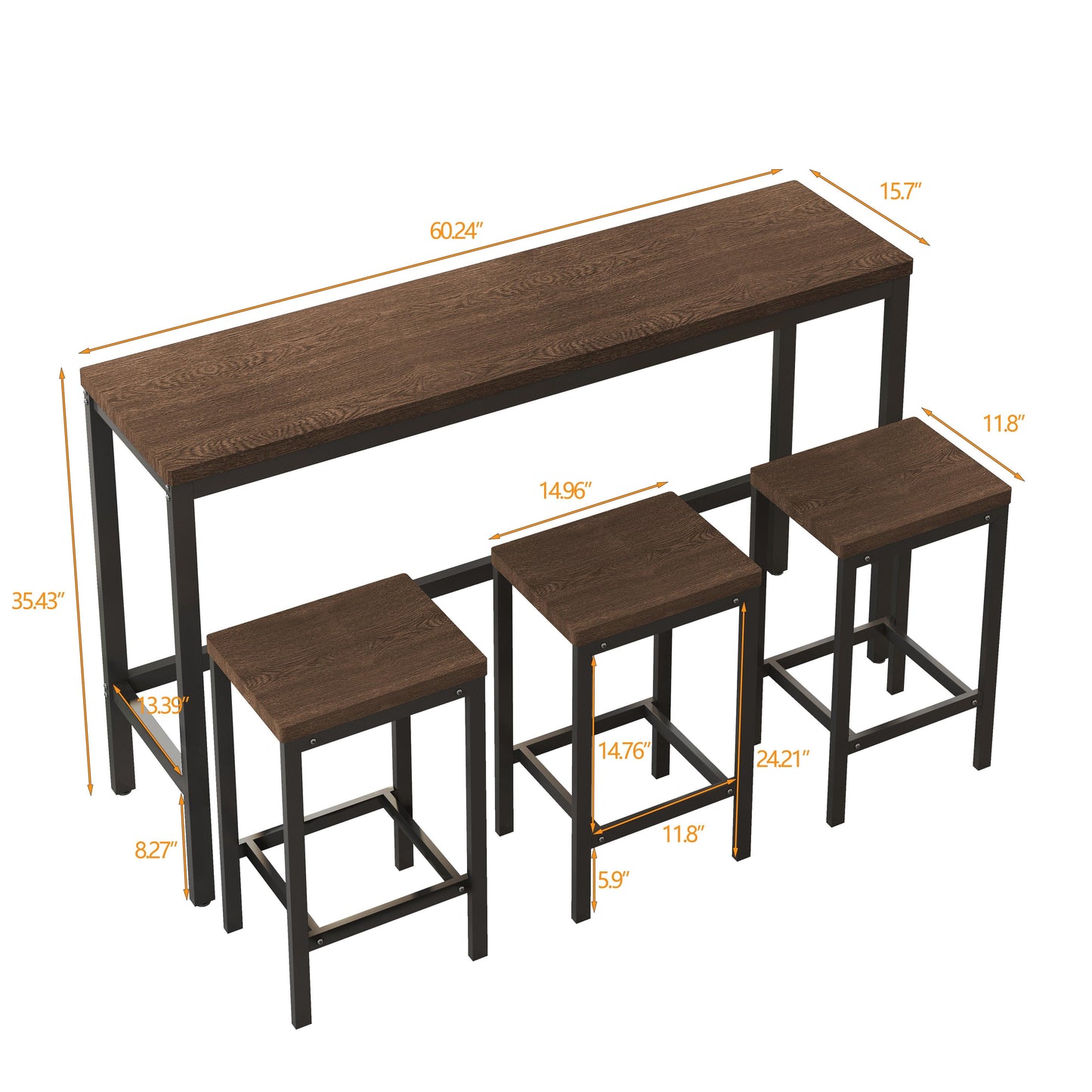 Modern Design Kitchen Dining Table Pub Table Long Dining Table Set with 3 Stools Easy Assembly Dark Brown - FurniFindUSA