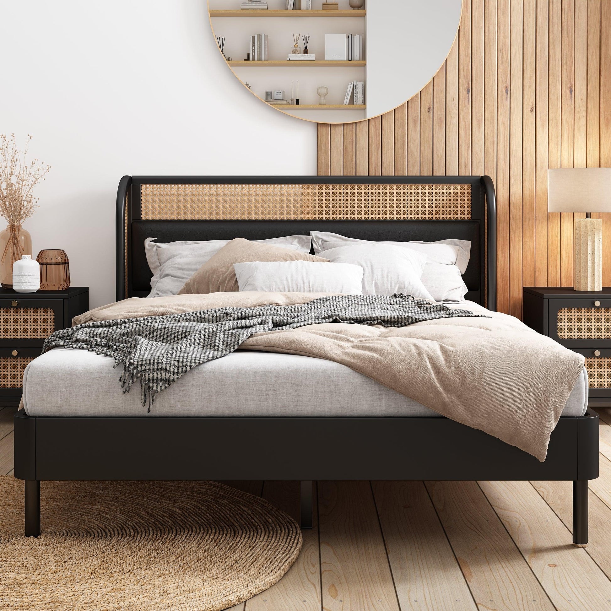 3 Pieces Modern Cannage Rattan Platform Queen Bed + Nightstand*2 Black - FurniFindUSA