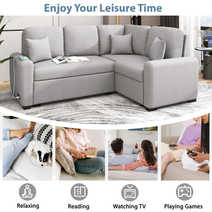 87.4"Sectional Sleeper Sofa with USB Charging Port and Plug Outlet Pull-Out Sofa Bed with 3 Pillows Grey - FurniFindUSA