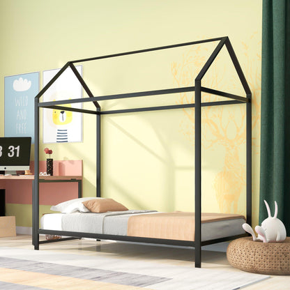 House Bed Frame Twin Size Kids Bed Frame Metal Platform Bed Floor Bed for Kids Boys Girls No Box Spring Needed Black - FurniFindUSA