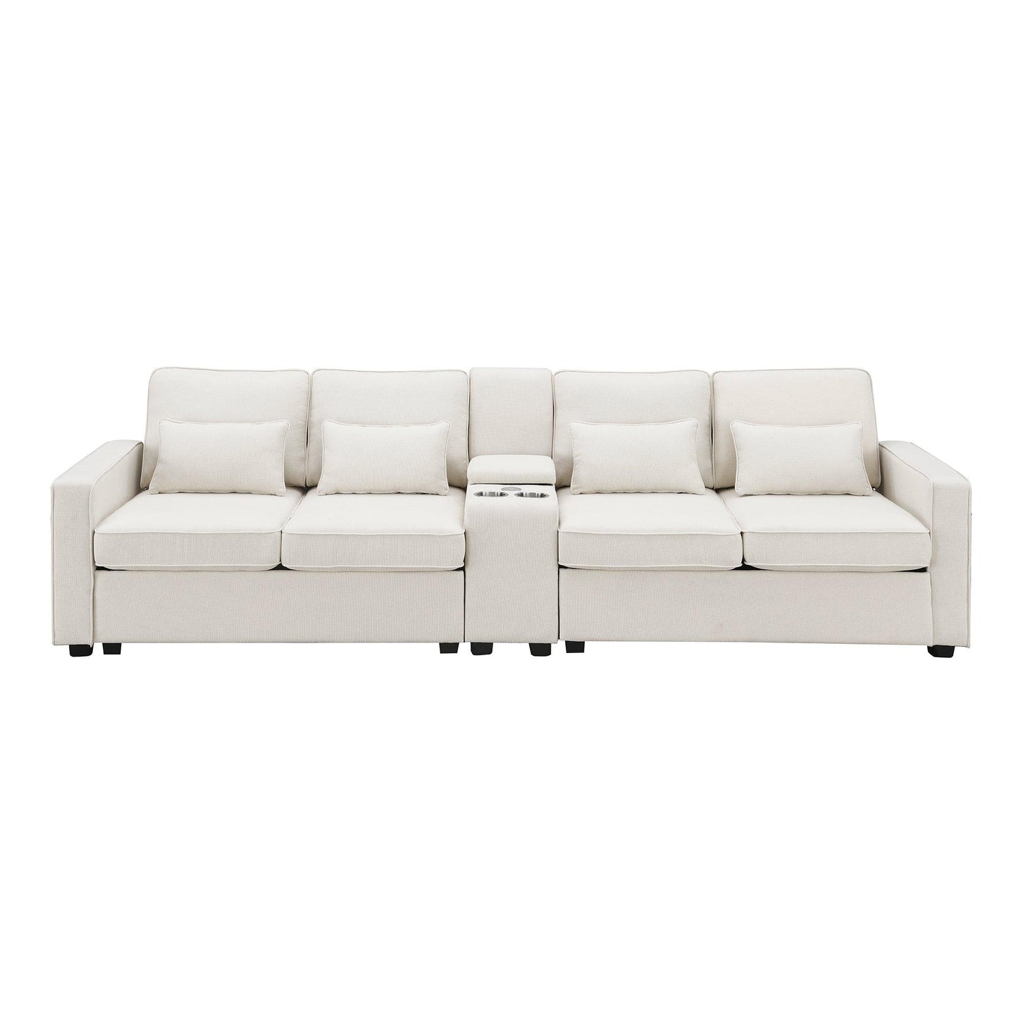 114.2" Upholstered Sofa with Console 2 Cupholders and 2 USB Ports Wired or Wirelessly Charged (4-Seat) - FurniFindUSA