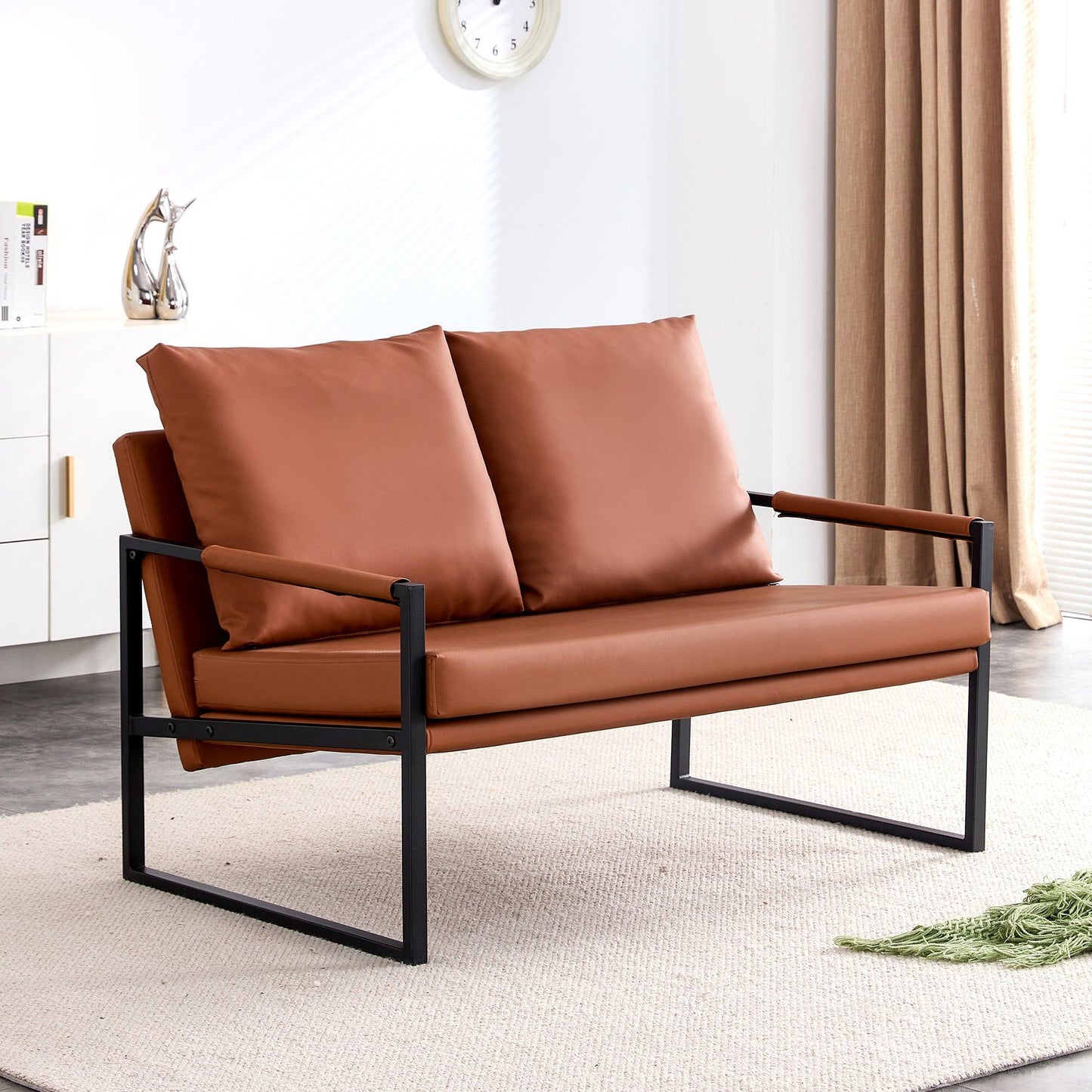 Modern Two-Seater Sofa Chair with 2 Pillows - PU Leather High-Density Foam Black Coated Metal Frame Brown - FurniFindUSA