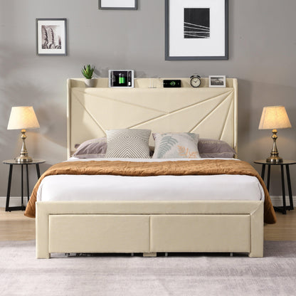 Full Size Bed Frame with 2 Storage Drawers Upholstered Bed Frame Beige - FurniFindUSA