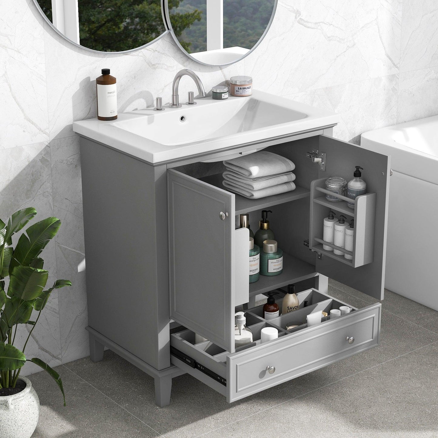 30inchgrey Bathroom Vanity with Sink ComboMulti-functional Bathroom Cabinet with Doors and Drawer Solid Frame and MDF Board - FurniFindUSA