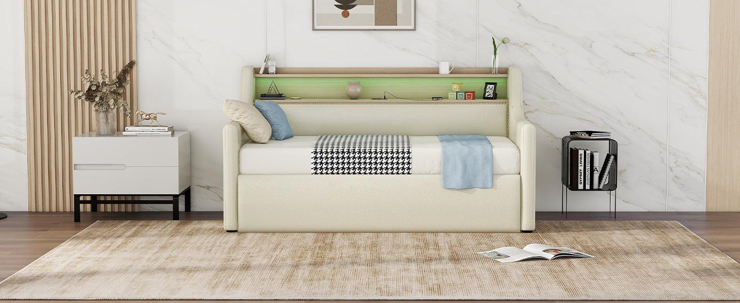 Twin Size Daybed with Hydraulic Storage Upholstered Daybed with Lift Up Storage Beige - FurniFindUSA