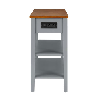 Narrow 2-tone End Table with USB Charging Ports for Small Space SOLID WOOD Table Legs Gray and Walnut 11.8"W*24"D*24.2"H - FurniFindUSA