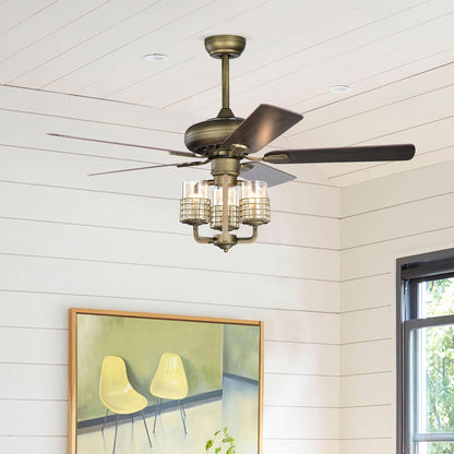 52inch Bronze Metal 3 Lights Ceiling Fan with 5 Wood Blades, Two-color fan blade, AC Motor, Remote Control, Reversible Airflow - FurniFindUSA