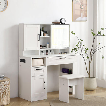 Vanity table with large sliding lighted mirror dressing table with 2 drawers storage shelves and upholstered stool white color - FurniFindUSA