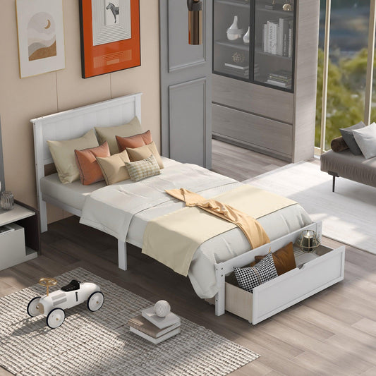 Twin Size Platform Bed with Under-bed Drawer White - FurniFindUSA