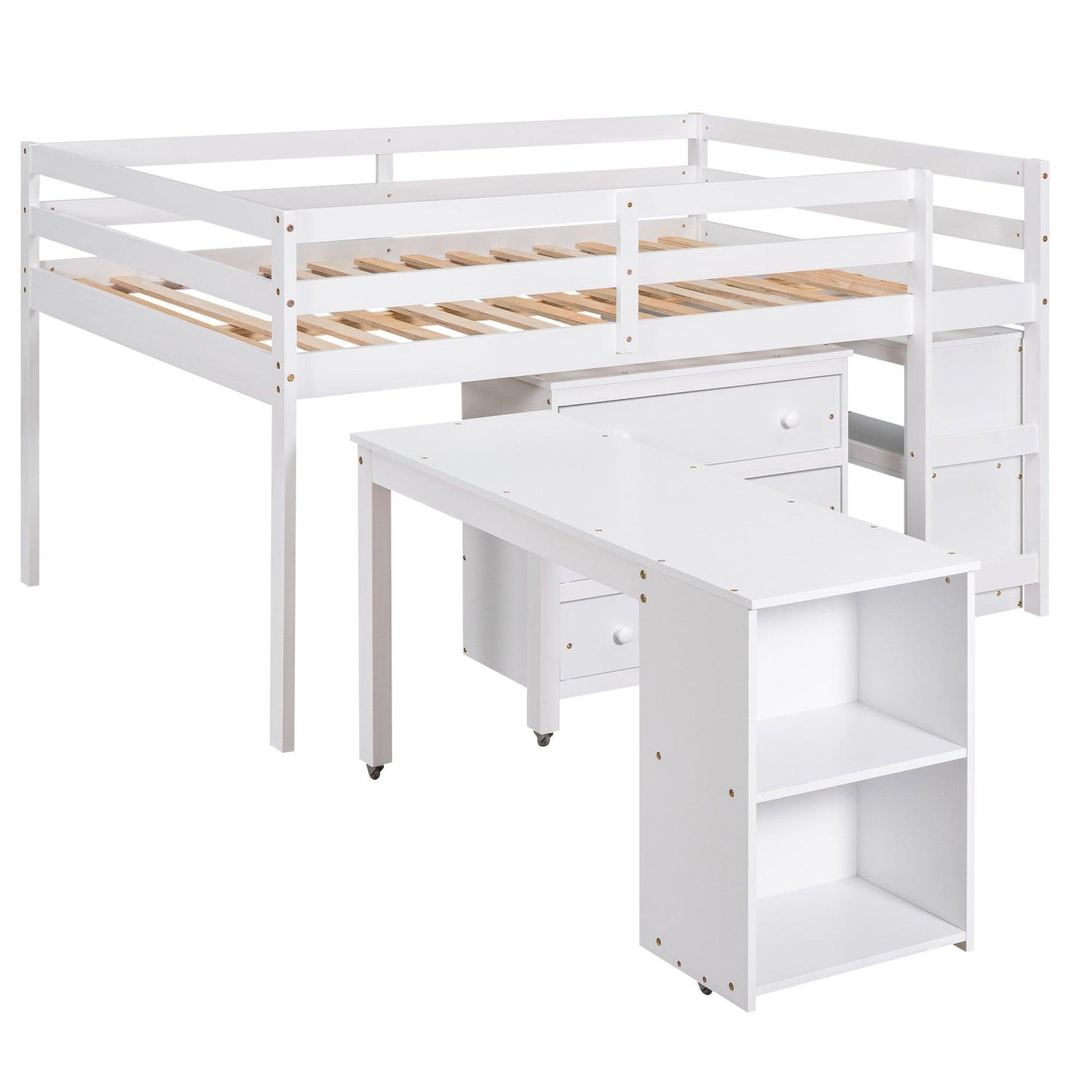 Low Study Full Loft Bed with Cabinet Shelves and Rolling Portable Desk Multiple Functions Bed- White - FurniFindUSA