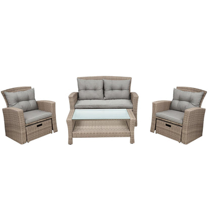 U-style Patio Furniture Set, 4 Piece Outdoor Conversation Set All Weather Wicker Sectional Sofa with Ottoman and Cushions - FurniFindUSA