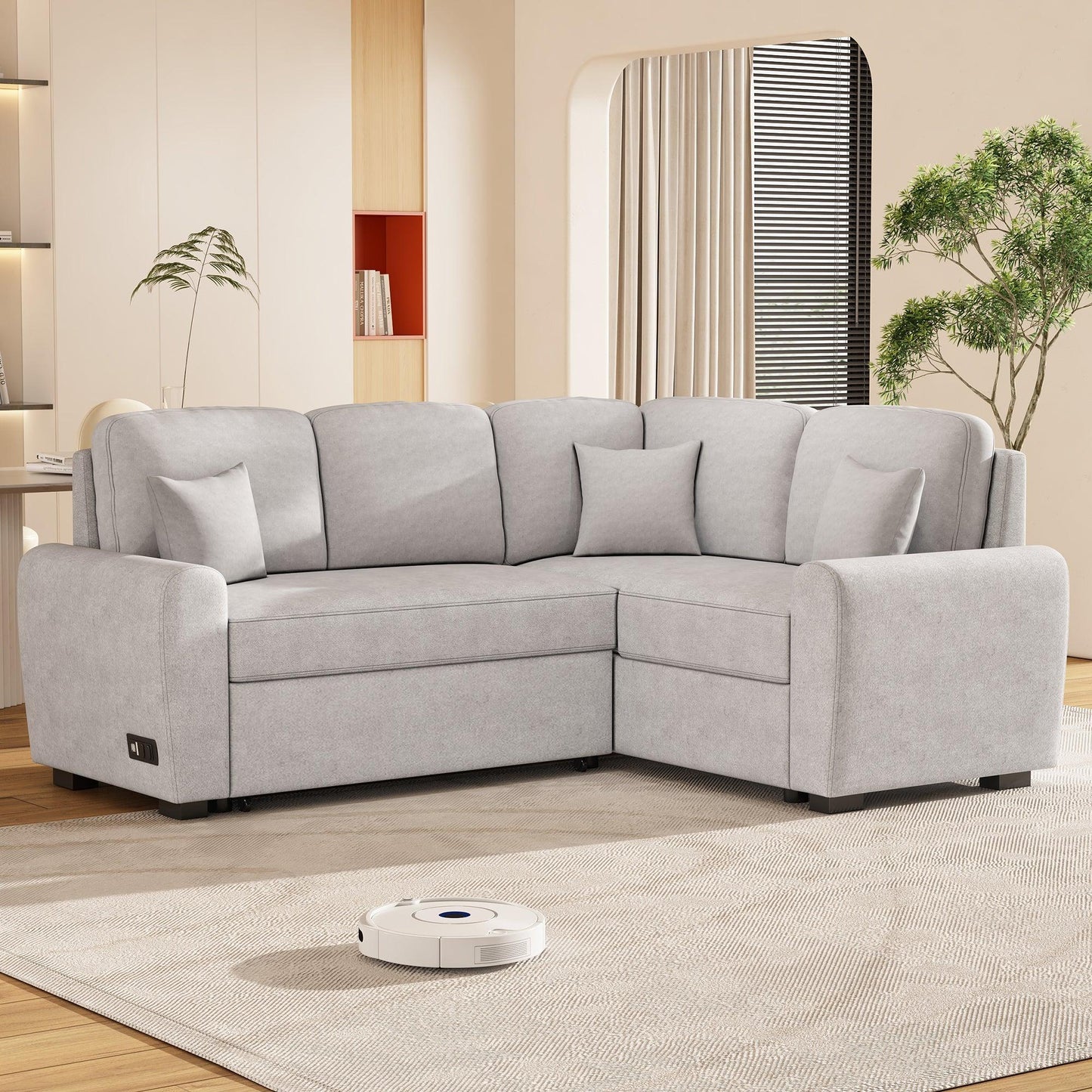 87.4"Sectional Sleeper Sofa with USB Charging Port and Plug Outlet Pull-Out Sofa Bed with 3 Pillows Grey - FurniFindUSA