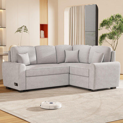 87.4"Sectional Sleeper Sofa with USB Charging Port and Plug Outlet Pull-Out Sofa Bed with 3 Pillows Grey - FurniFindUSA