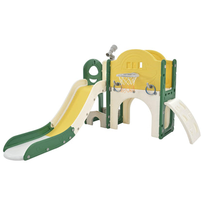 Kids Slide Playset Structure 7 in 1, Freestanding Spaceship Set with Slide, Arch Tunnel Yellow + HDPE - FurniFindUSA