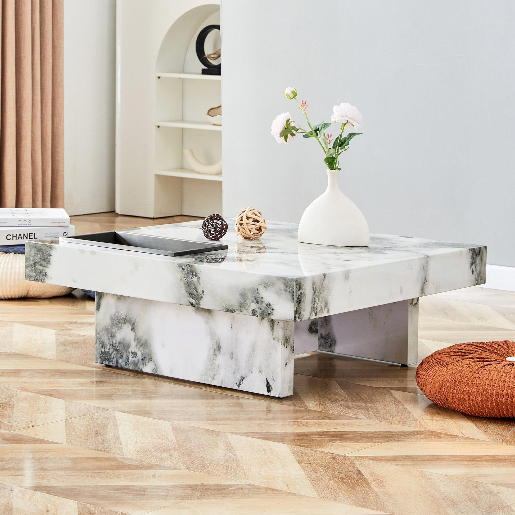 A modern and practical coffee table black and white in imitation marble pattern made of MDF material - FurniFindUSA