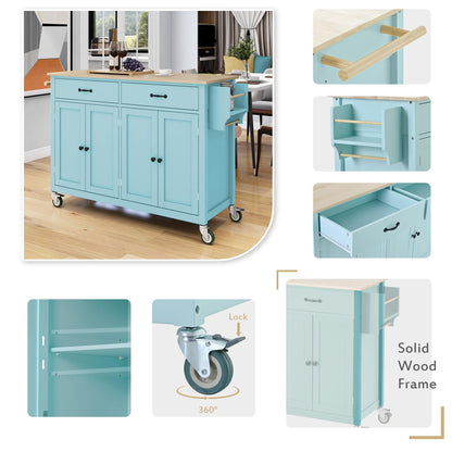 Kitchen Island Cart with 4 Door Cabinet and Two Drawers and 2 Locking Wheels - Solid Wood Top (Mint Green) - FurniFindUSA