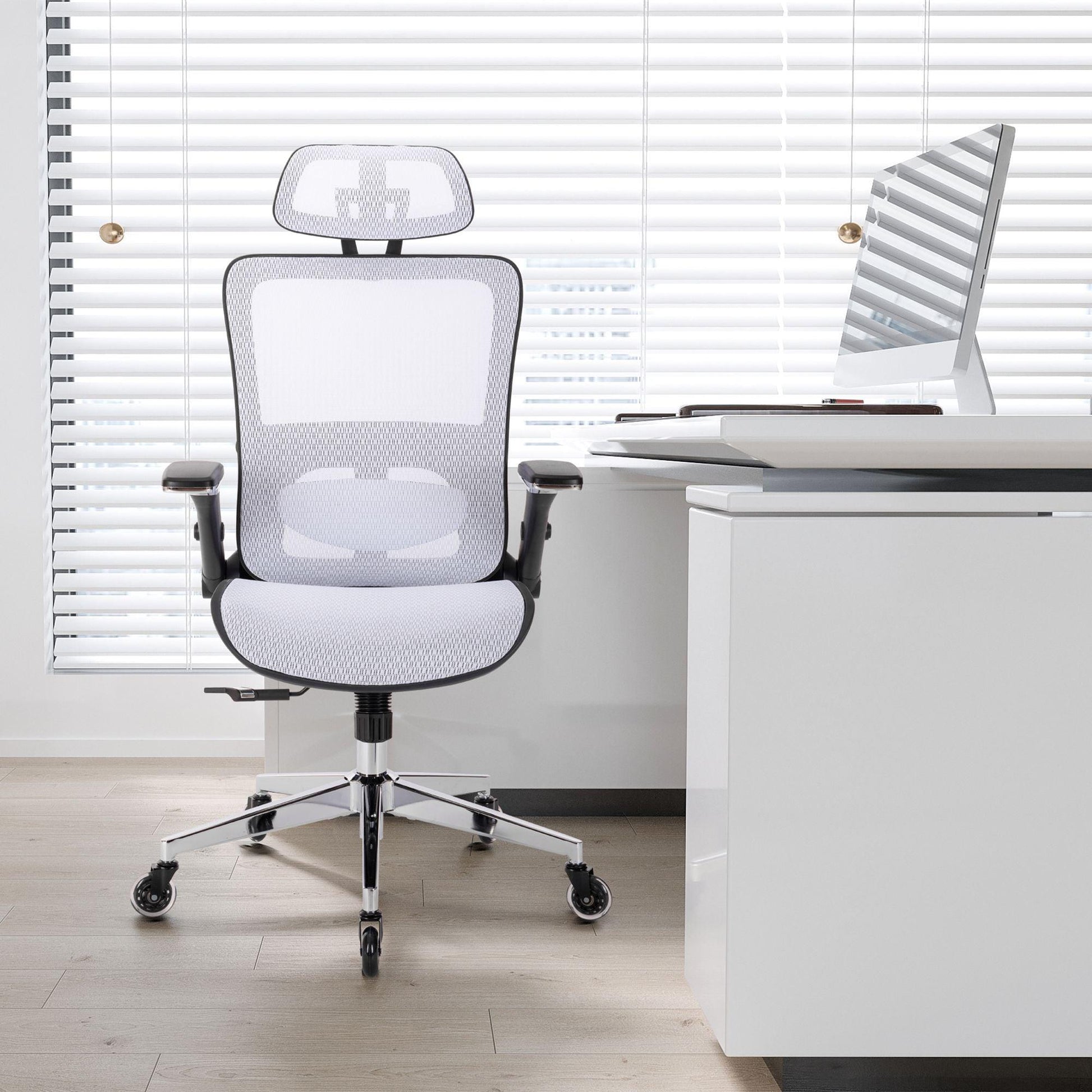 WHITE Ergonomic Mesh Office Chair High Back - Adjustable Headrest with Flip-Up Arms - FurniFindUSA