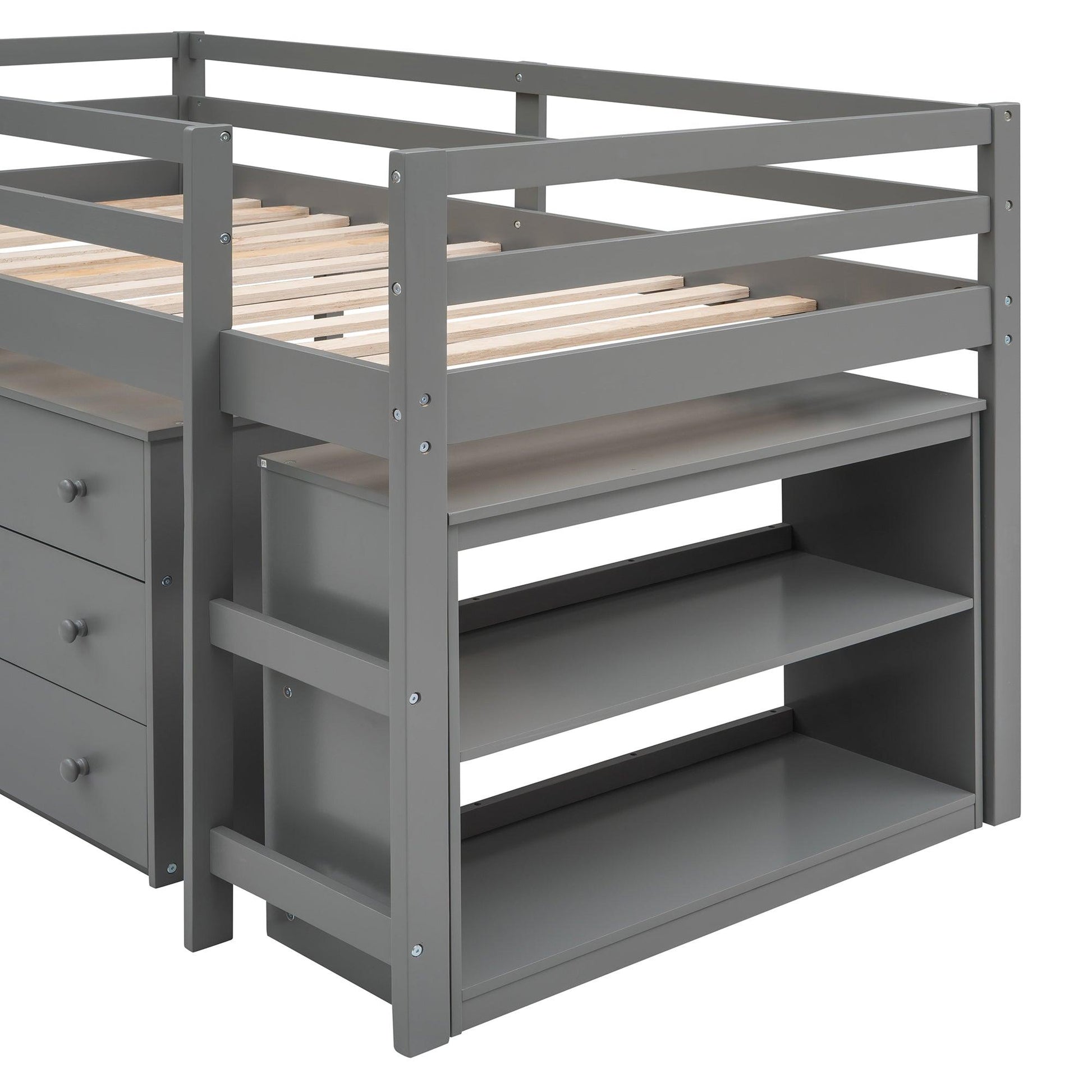 Low Study Twin Loft Bed with Cabinet and Rolling Portable Desk - Gray - FurniFindUSA